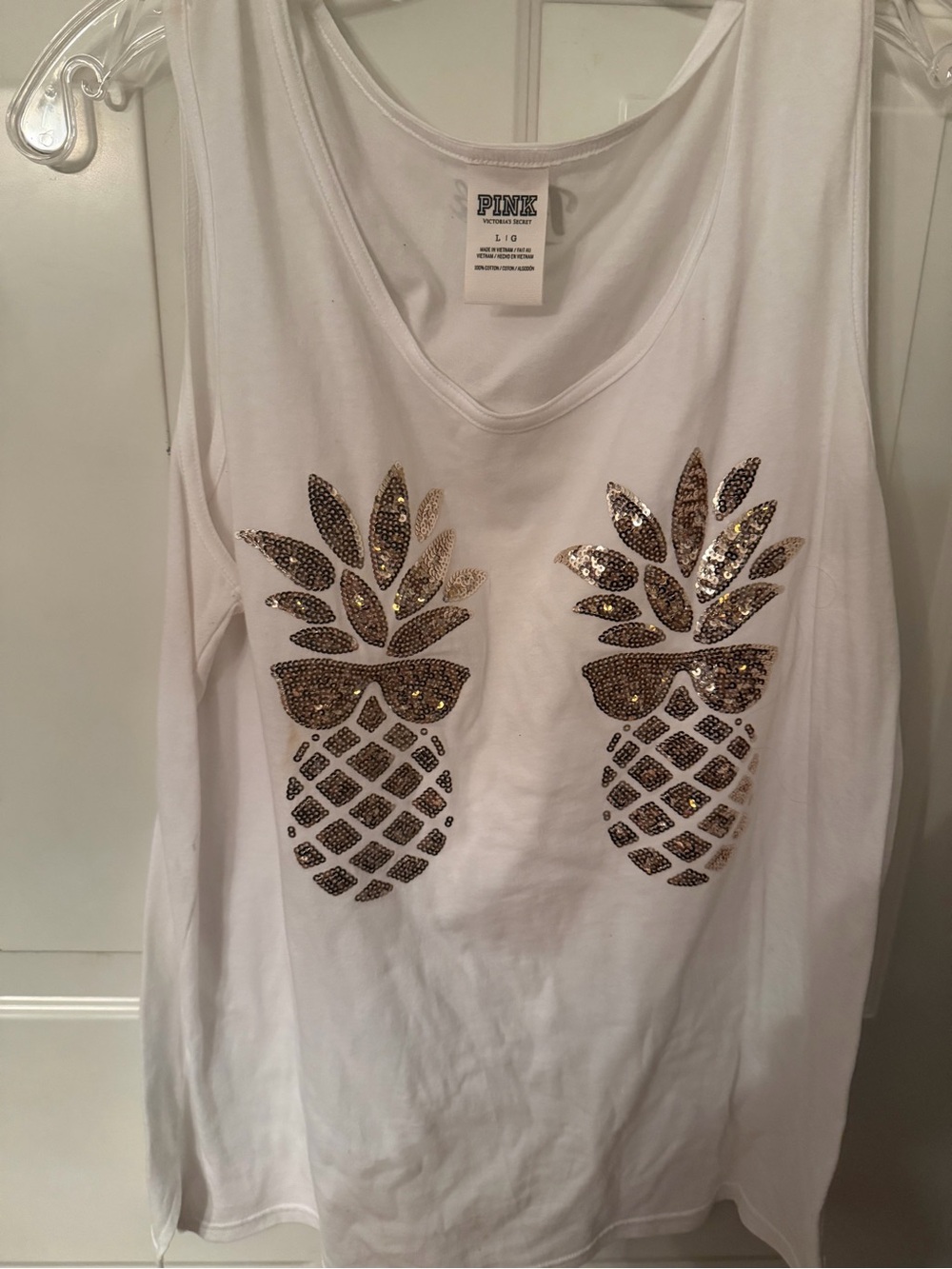PINK Victoria's Secret White Tank with Gold Sequin Pineapple Accents